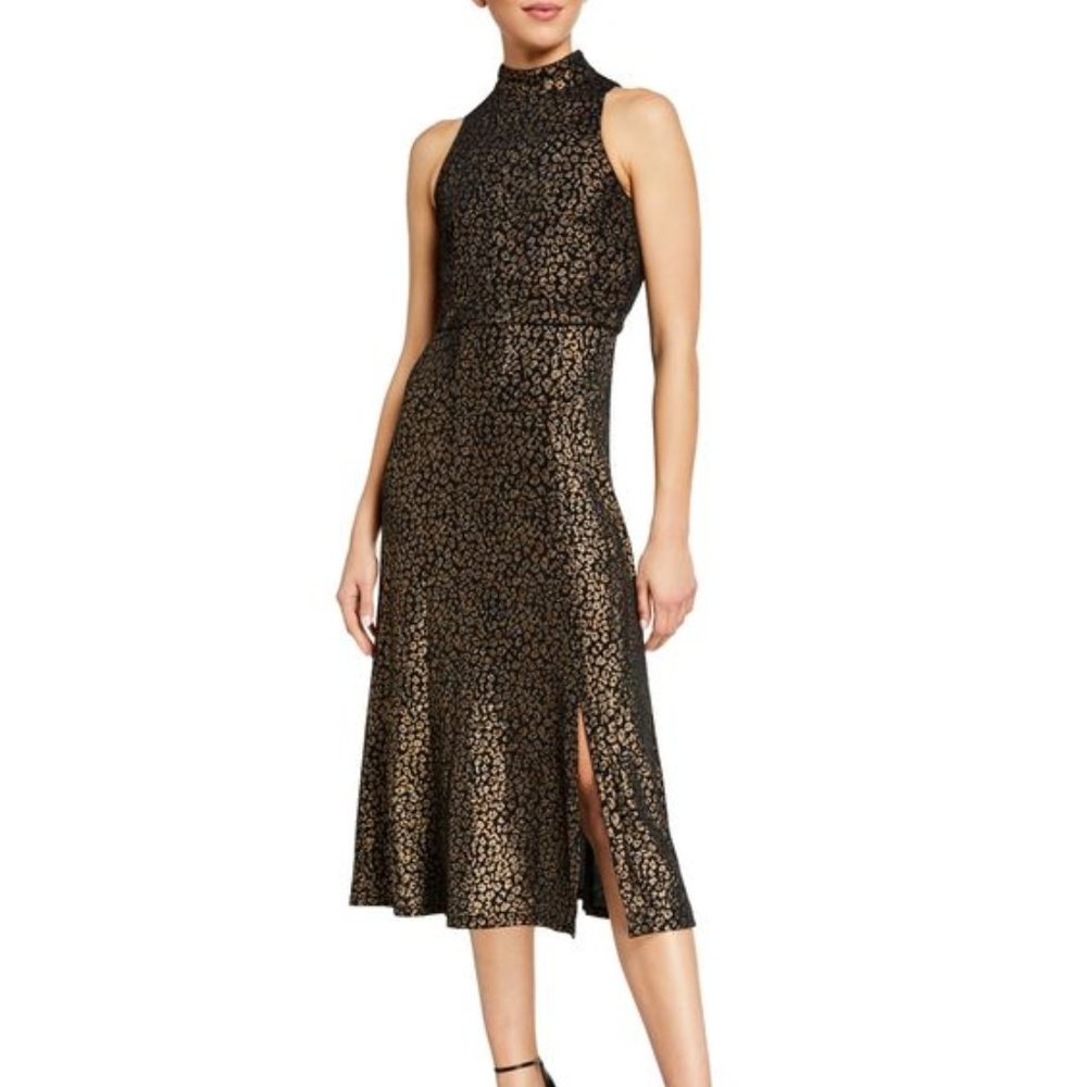 Donna Morgan Halter Leopard Dress Black/Gold/Silver w/ Slit
